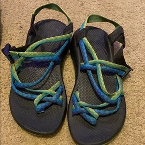 Green and blue chacos